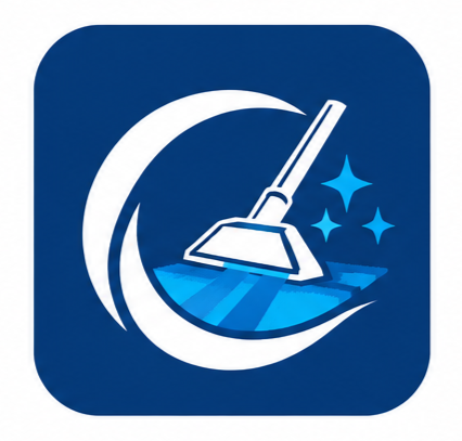 Carpet Fresh Now logo: carpet cleaning wand with sparkles on a blue tile
